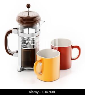 Fench Presse mit Kaffee und Tassen isoliert auf weißem Hintergrund. 3D-Illustration. Stockfoto