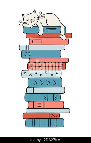 Ein Stapel Bücher mit einer schlafenden Katze. Niedliche Kitty schlafen auf Bücher Haufen. Vektorgrafik Stock Vektor
