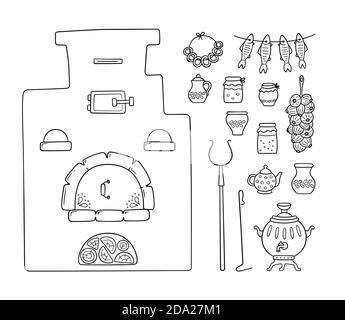 Set mit traditionellen russischen Herd, Samowar, Griff, Töpfe, Krug, Bund von Zwiebeln und getrockneten Fisch. Vektor handgezeichnete Illustration Stock Vektor