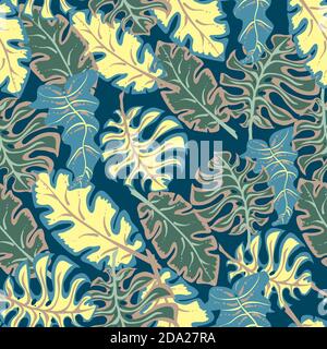 Tropisches Palmenblatt mit nahtlosem Muster. Grün, dunkel, grau und khaki. Vektorgrafik. Exotische Blätter. Stock Vektor