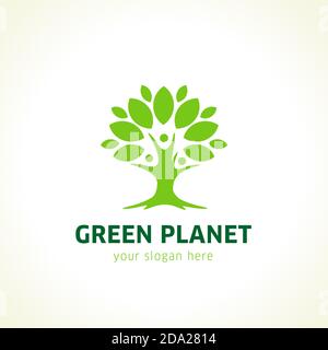 Stammbaum Vektor-Logo. Grüner Planet. Umwelt, Beziehungen, Kinder, Elternschaft, Kindheit, Kommunikation, Bildungszeichen. Baum des Lebens, gesund Stock Vektor