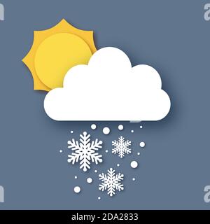 Fallender Schnee. Sonne und Wolke. Papierschnitt Wetter. Weiße Schneeflocken. Winterzeit. Stock Vektor