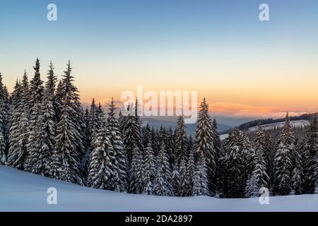 Wintermorgen Märchen in den Bergen vor Sonnenaufgang Stockfoto