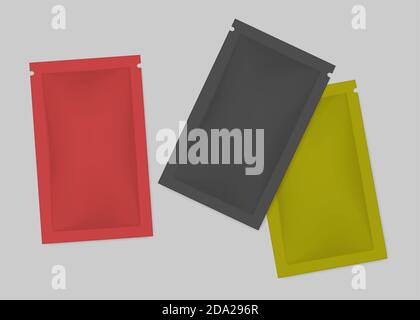 Unbeschriftetes Farbbeutel-Paket, realistische Vektordarstellung. Kleine Tasche, Draufsicht, Vorlage für Design Stock Vektor