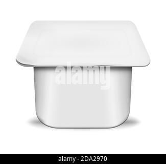 Weißer unbeschriftbarer Kunststoff-Joghurttopf mit abziehbarem Foliendeckel, realistisches Mockup. Joghurt quadratische Tasse, Vektor-Vorlage Stock Vektor