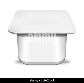 Weiße Joghurtbecherpackung mit leerem Etikett, realistisches Mock-up. Joghurt quadratischen Kunststoffbehälter, Vektor-Vorlage Stock Vektor
