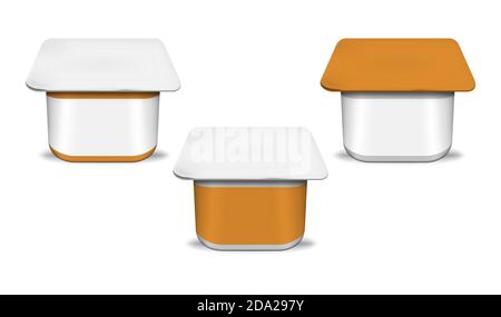 Joghurtbecher mit abziehbarem Foliendeckel isoliert auf weißem Hintergrund, realistisches Mockup. Joghurt quadratischen Kunststoff-Topfbehälter mit leerem Etikett, Schablone Stock Vektor