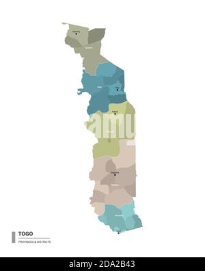 Togo hat detaillierte Karte mit Unterteilungen. Verwaltungskarte von Togo mit Bezirken- und Stadtnamen, farbig nach Staaten und Verwaltungsbezirken. V Stock Vektor