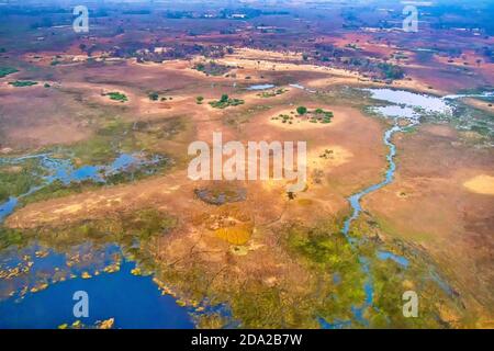 Luftaufnahme, Okavango Feuchtgebiete, Okavango Delta, UNESCO Weltkulturerbe, Ramsar Feuchtgebiet, Botswana, Afrika Stockfoto