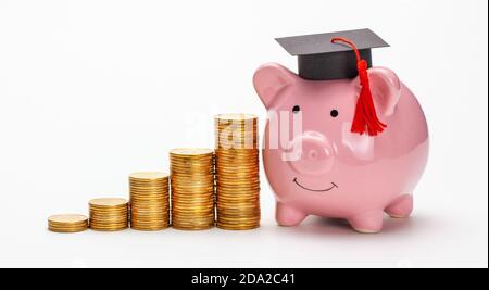 Sparschwein in Graduate Cap in der Nähe Stapel von Münzen. Einsparungen im Bildungsbereich. Preise für Hochschulbildung. Isoliert auf weißem Hintergrund. Stockfoto