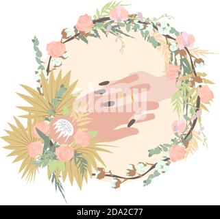 Eleganter handgezeichneter Pastell Boho Hochzeitskranz. Isoliert auf weißem Hintergrund. Stock-Vektor Stock Vektor