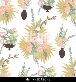 Florales Boho nahtloses Muster mit tropischen Blumen, Blättern und Blumensträußen in Vasen. Stock Vektor