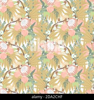 Florales Boho-Nahtloses Muster mit tropischen Blumen und Blättern. Stock Vektor
