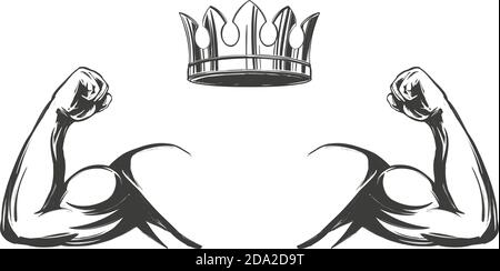 Arm, Bizep, starke Hand und Krone Symbol Cartoon Symbol Hand gezeichnet Vektor Illustration Skizze Stock Vektor