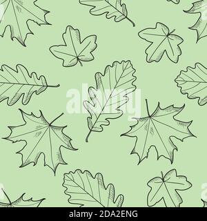 Grün Blätter nahtlose Wiederholung Muster Hintergrund. Strichkunst verlässt auf einem grünen Hintergrund. Botanische Abbildung. Stock Vektor