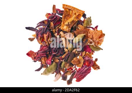 Kräuter für Glühwein mit Äpfeln, Fruchtfleisch und Zitronenschale, Ingwer, Zimt, Sternanis, Kardamom, Nelken und Hibiskus Stockfoto