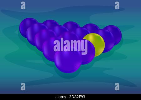 Gelbe Kugel unter vielen dunklen Kugeln. Denken Sie anders. Anders sein, sich von der Masse abheben. Sehen, denken, andere Geschäfte machen. Konzept von Stock Vektor