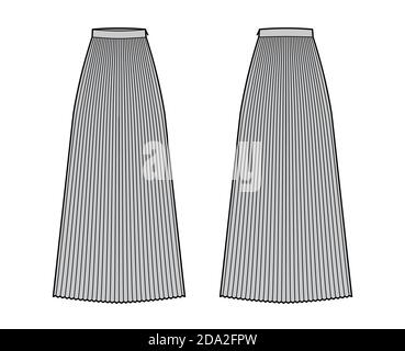 Rock Sunray Falte Maxi technische Mode Illustration mit Boden knöchellang Silhouette, kreisförmige Fülle. Flach unten Schablone vorne, hinten, grau Farbe Stil. Frauen, Männer, Unisex CAD Mockup Stock Vektor