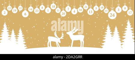 Hängende weihnachtskugeln weiß mit den Zahlen 1 bis 24 Zeigt Adventskalender für Weihnachten und Winterzeit Konzepte mit Winterlicher Tannenbaum Hintergrund A Stock Vektor