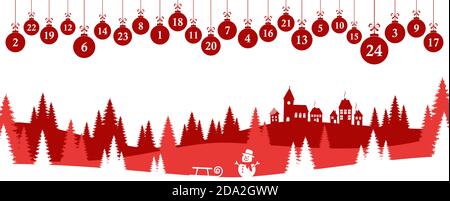 Hängende weihnachtsgeschenke rot mit den Zahlen 1 bis 24 gefärbt Zeigt Adventskalender für Weihnachten und Winterzeit Konzepte mit Farbige Tannenbaum Panorama zurück Stock Vektor