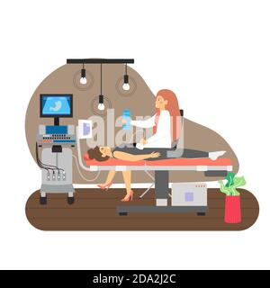 Weibliche Arzt tun Abdominal Ultraschall-Scan zu weiblichen Patienten flache Vektor-Illustration. Medizinische Ultraschalluntersuchung Stock Vektor