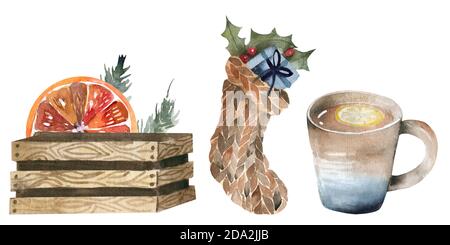 Set von bunten Urlaub Innenarchitektur in Hausräumen mit Möbeln Ikonen. Kranz, Weihnachtsbaum, Kamin. Flache Illustration Stockfoto