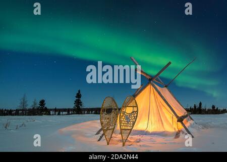 Trappers Zelt mit Schneeschuhen und Nachthimmel mit Aurora Borealis, Nordlichter, Wapusk National Park, Manitoba, Kanada Stockfoto