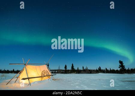 Trappers Zelt mit Schneeschuhen und Nachthimmel mit Aurora Borealis, Nordlichter, Wapusk National Park, Manitoba, Kanada Stockfoto