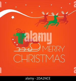 Santa Sleigh und Rentier, Frohe Weihnachten Text auf quadratischem rotem Hintergrund, Vektor-Illustration Stock Vektor