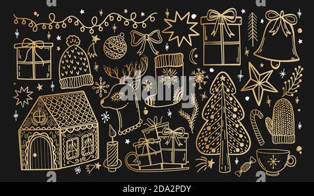 Frohe Weihnachten Doodle handgezeichnetes Set. Frohes neues Jahr Skizze Kollektion. Isolierte Elementdekoration. Stock Vektor