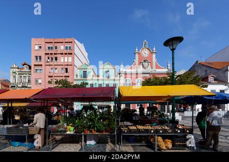 Obst- und Gemüsestände auf dem täglichen Bauernmarkt, ehemaliges Rathaus dahinter, Platz der Republik, Caldas da Rainha, Estremadura, Portugal Stockfoto