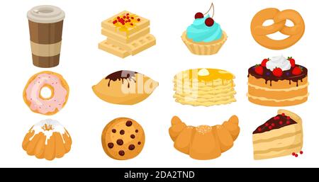 Lecker süße Dessert-Set, flache Vektor-Illustration. Konditorei, Konditorei und Bäckerei. Stock Vektor