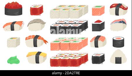 Sushi, Sashimi und Rollen Set, flache Vektor isolierte Illustration. Sushi Bar, japanische Küche Restaurant-Menü. Stock Vektor