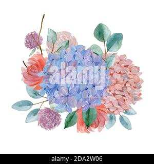 Blossom blau und rosa Blumen mit grünen Blättern Kaplet für Ihre Dekoration Design. Stockfoto