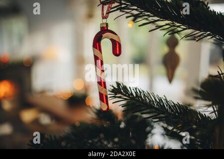 Nahaufnahme eines Zuckerrohrs, der am Weihnachtsbaum im Familienhaus hängt. Geschmückter Weihnachtsbaum im Innenbereich. Stockfoto