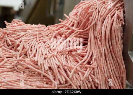 Hackfleisch wird aus einer industriellen Hackmaschine extrudiert Stockfoto