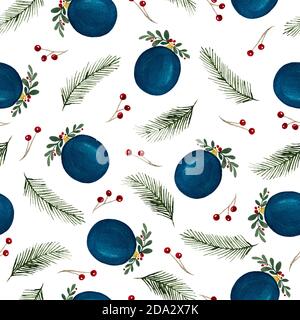 Weihnachten Urlaub Hintergrund, nahtlose Wiederholung Muster mit Aquarell blau Weihnachtsschmuck, Tannenbaum und Beeren, Weihnachten und Winter Urlaubskarte Stockfoto