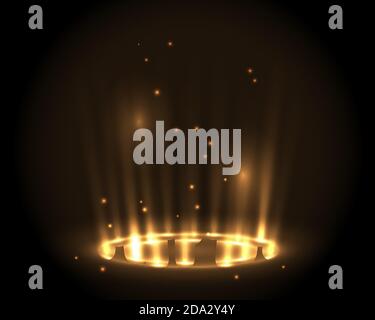 Runde glühende goldene Strahlen Nacht Szene mit Funken auf dunklem Hintergrund. Leeres Podium mit Lichteffekt. Disco Club Tanzfläche. Party zeigen. Strahlstufe Stock Vektor
