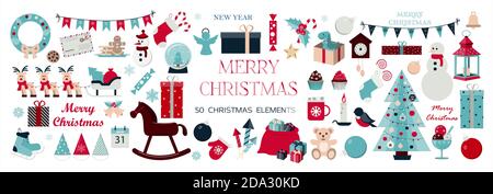 Riesige Reihe von Weihnachts-Ikonen und Elemente. Fünfzig Weihnachtsbilder zum Dekorieren von Karten, Anzeigen, Bannern, Flyern und Einladungen. Niedliche Illustrationen im flachen Design für Heiligabend und Neujahr. Weihnachtsbaum, Geschenke, Süßigkeiten, Dekorationen, Spielzeug und Kleidung für Winter und Neujahr s Party Stock Vektor
