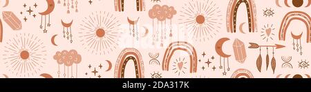 Nahtlose horizontale Grenze mit handgezeichneten Objekten im Boho-Stil. Pastelldruck. Vektorgrafik. Stock Vektor