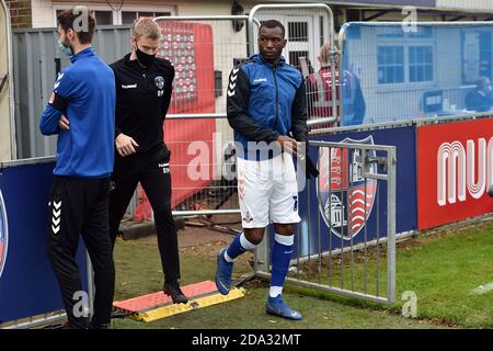 Hampton, Großbritannien. November 2020. LONDON, ENGLAND. 8. NOVEMBER Oldham Athletic's Brice Ntambwe vor dem FA Cup Spiel zwischen Hampton & Richmond Borough und Oldham Athletic im Beveree Stadium, Hampton am Sonntag, 8. November 2020. (Kredit: Eddie Garvey, Mi News) Kredit: MI Nachrichten & Sport /Alamy Live Nachrichten Stockfoto