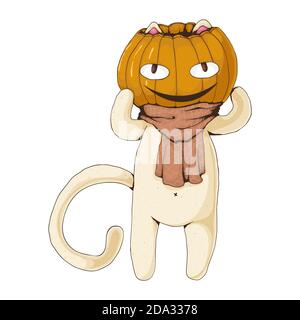 Weiße Katze mit Kürbiskopf und niedlichen kuscheligen Schal. Vektorgrafik Cartoon-Illustration. Halloween-Konzept. Kartenkonzept. Ideal für Print, Web und Print-Design. Stock Vektor