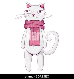 Niedliche lächelnde weiße Katze trägt gemütliche rosa Schal. Vektorgrafik Cartoon-Illustration. Gemütliches Zeitkonzept. Ideal für Print-, Web- oder Textildesign. Stock Vektor