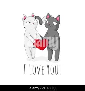 Zwei niedliche Katze hält rote Herz mit Text ich liebe dich. Konzept zum Valentinstag. Vektorgrafik Cartoon-Illustration. Ideal für Print, Textil oder Web-Design. Stock Vektor