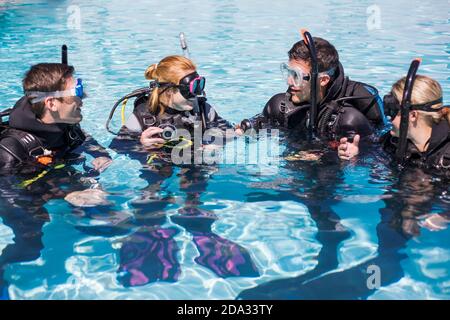 Tauchtraining in einem Pool mit einer Gruppe von Schülern, die miteinander interagieren.