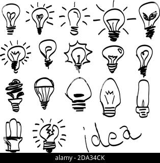 Set von handgezeichneten Glühbirnen, Symbol der Ideen. Stock Vektor