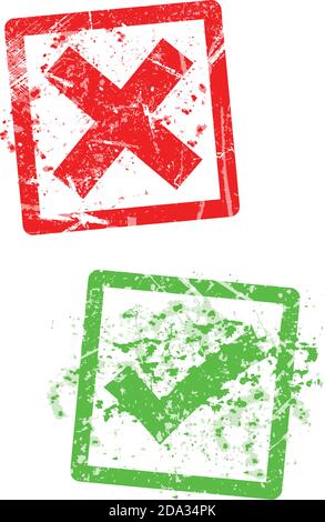Rotes x und grünes Häkchen, grungy Gummistempel. Stock Vektor