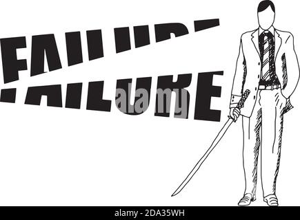 Illustration Vektor Hand gezeichnete Kritzeleien des Geschäftsmannes Schneiden des Wortes SCHEITERN mit Samurai Schwert, Motivation Business-Konzept Stock Vektor
