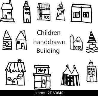 vektor-Illustration niedliche handgezeichnete Gebäude von Kindern Stock Vektor