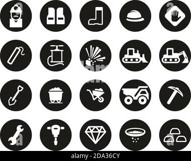 Steinbruch Oder Mine Icons Weiß Auf Schwarzem Flachem Design Kreis Groß Einstellen Stock Vektor